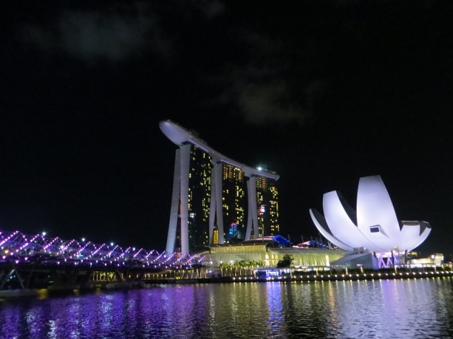 Helix Bridge, Marina Bay Sands and Science Museum in Singapore